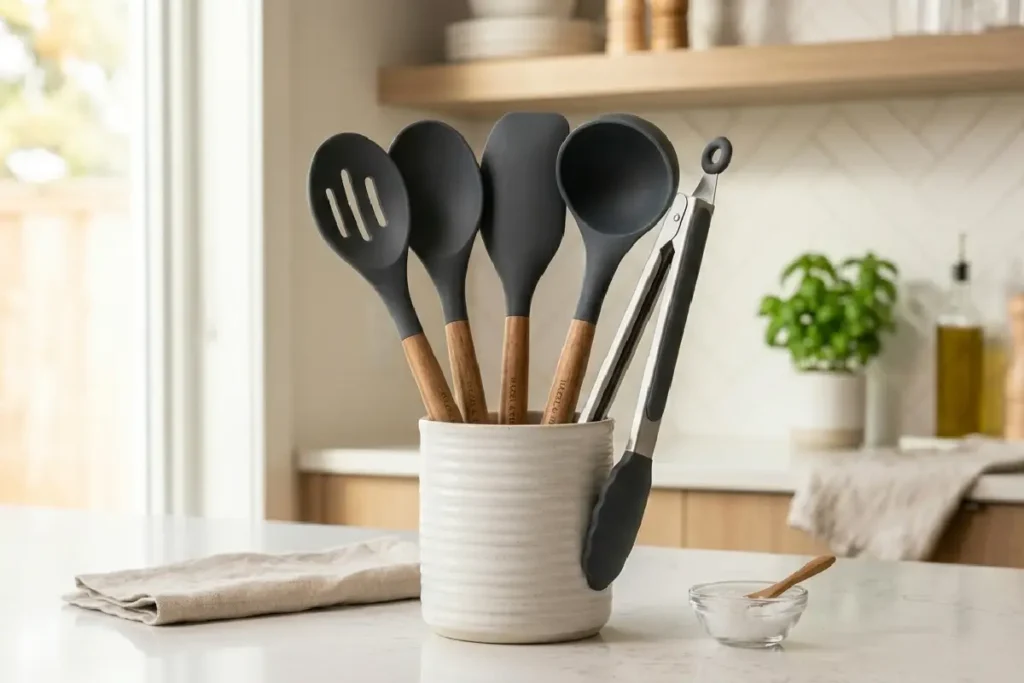 Kit de utensílios de silicone com espátula, concha e colher sobre bancada de cozinha moderna