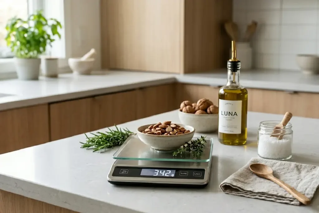 Balança de cozinha digital em bancada organizada