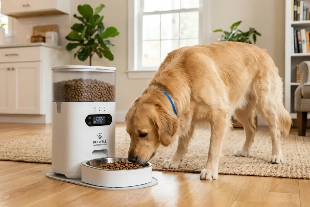 Cachorro usando comedouro moderno e funcional em ambiente doméstico