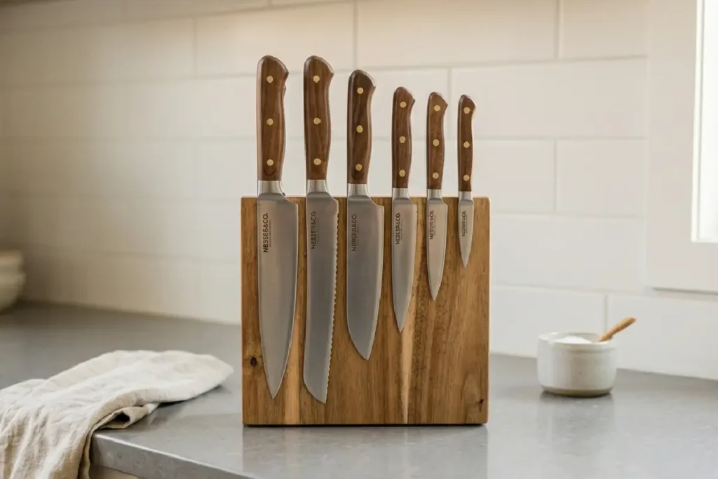 Conjunto de facas com cepo de madeira sobre bancada de cozinha moderna