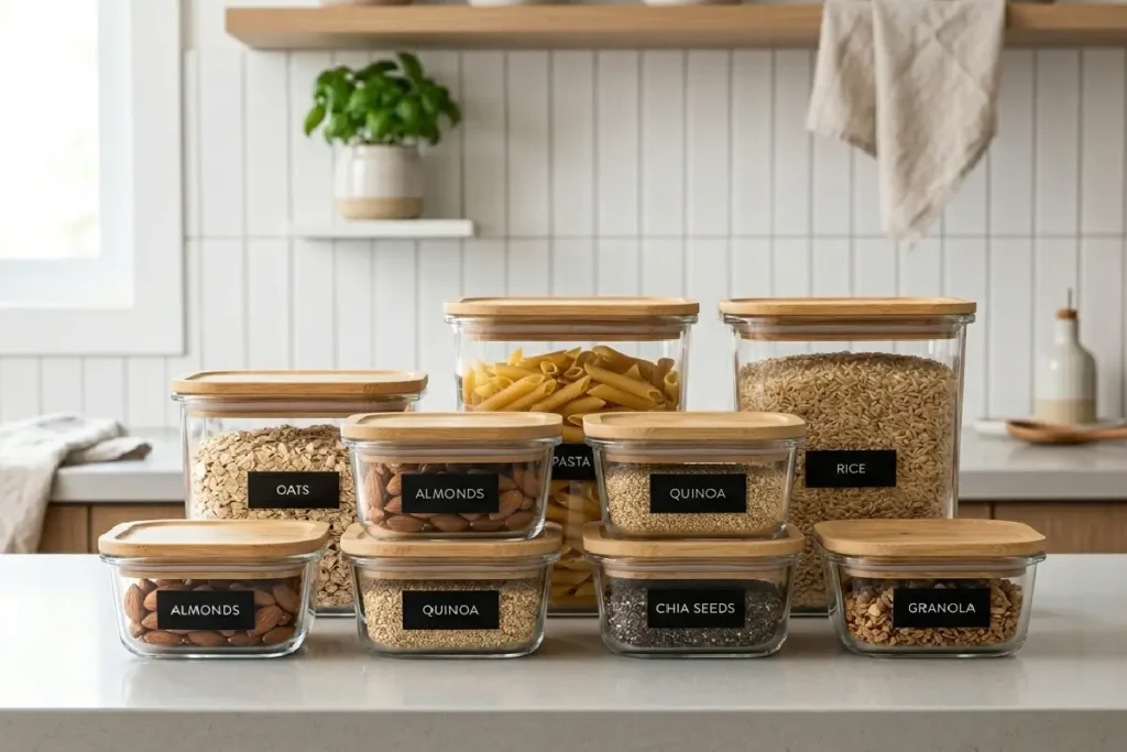 Conjunto de potes herméticos organizados na cozinha