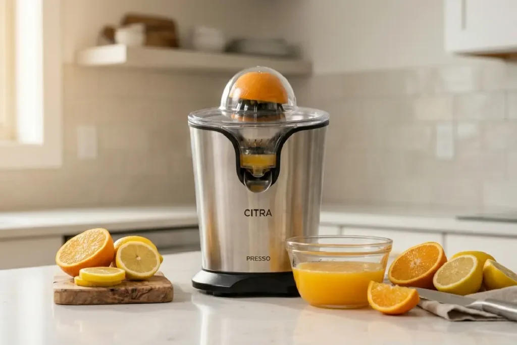 Espremedor elétrico de frutas com laranjas fatiadas sobre bancada de cozinha moderna