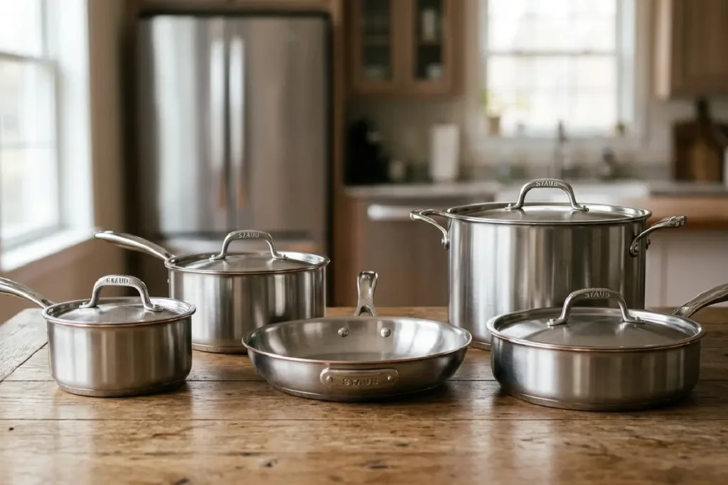 Jogo de 5 panelas antiaderentes em cozinha moderna
