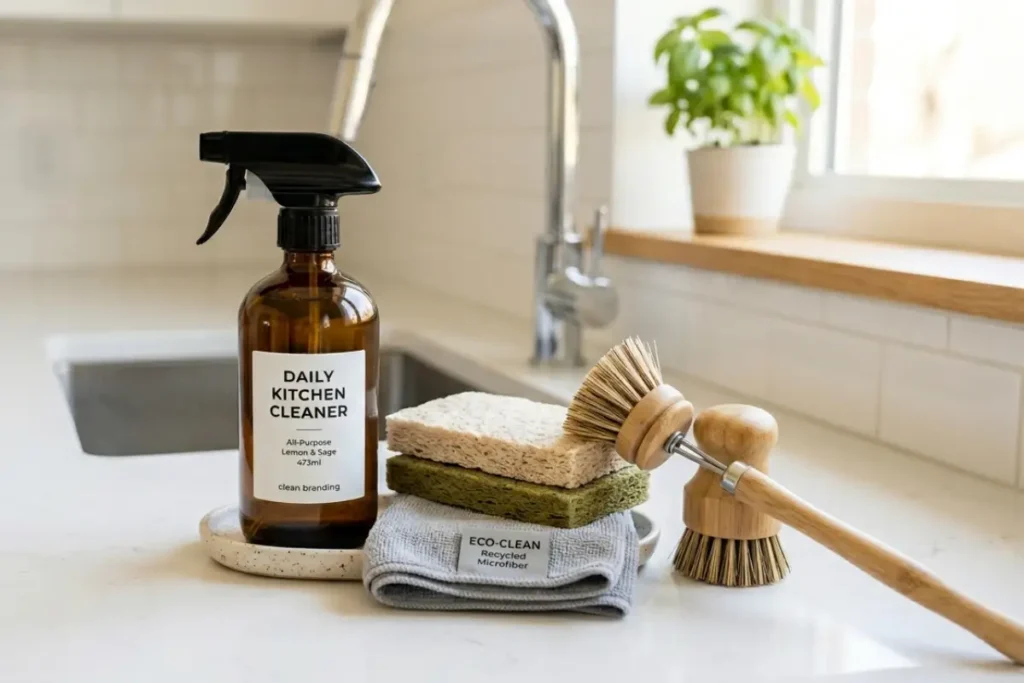 Kit de produtos de limpeza para cozinha organizado sobre bancada moderna