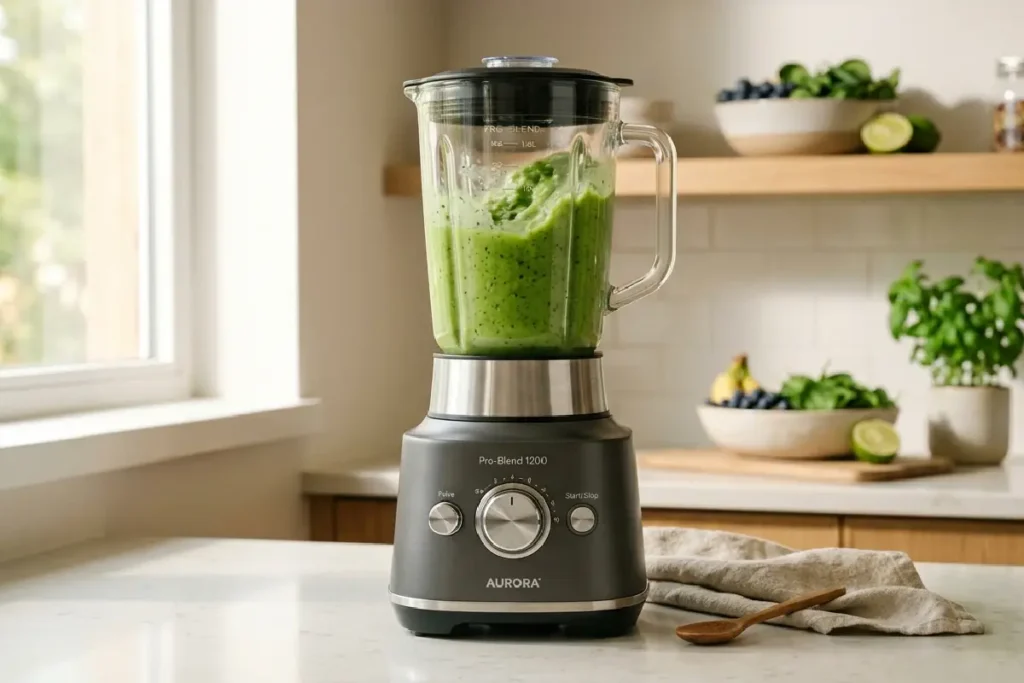 Liquidificador moderno em cozinha organizada