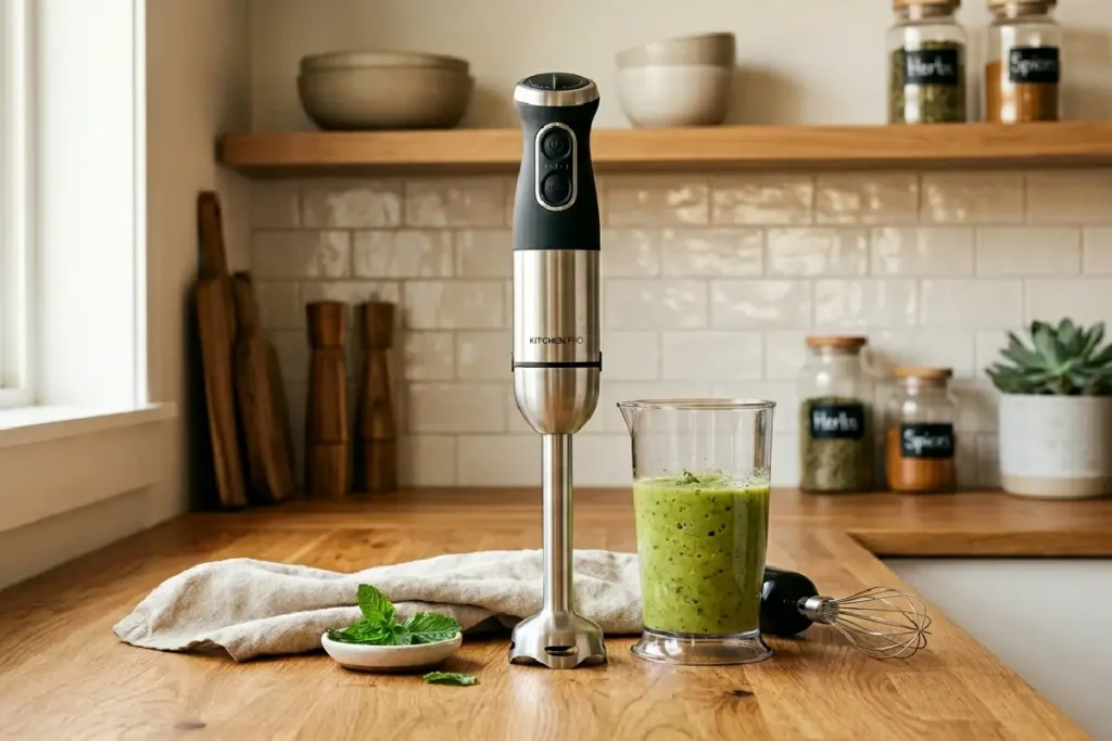 Mixer moderno em cozinha organizada