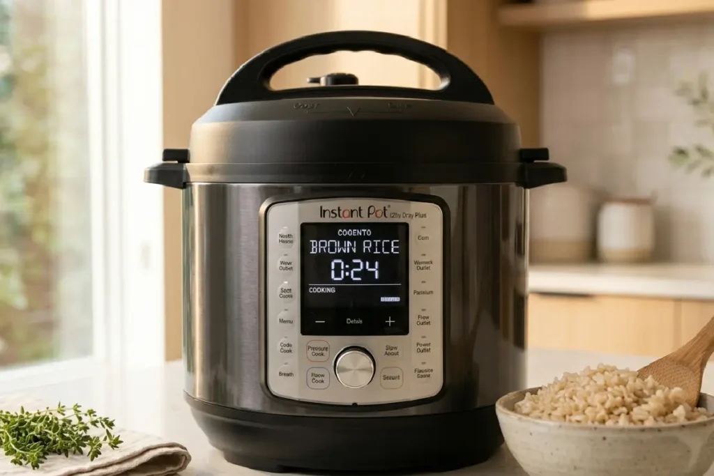 Panela elétrica moderna em cozinha organizada