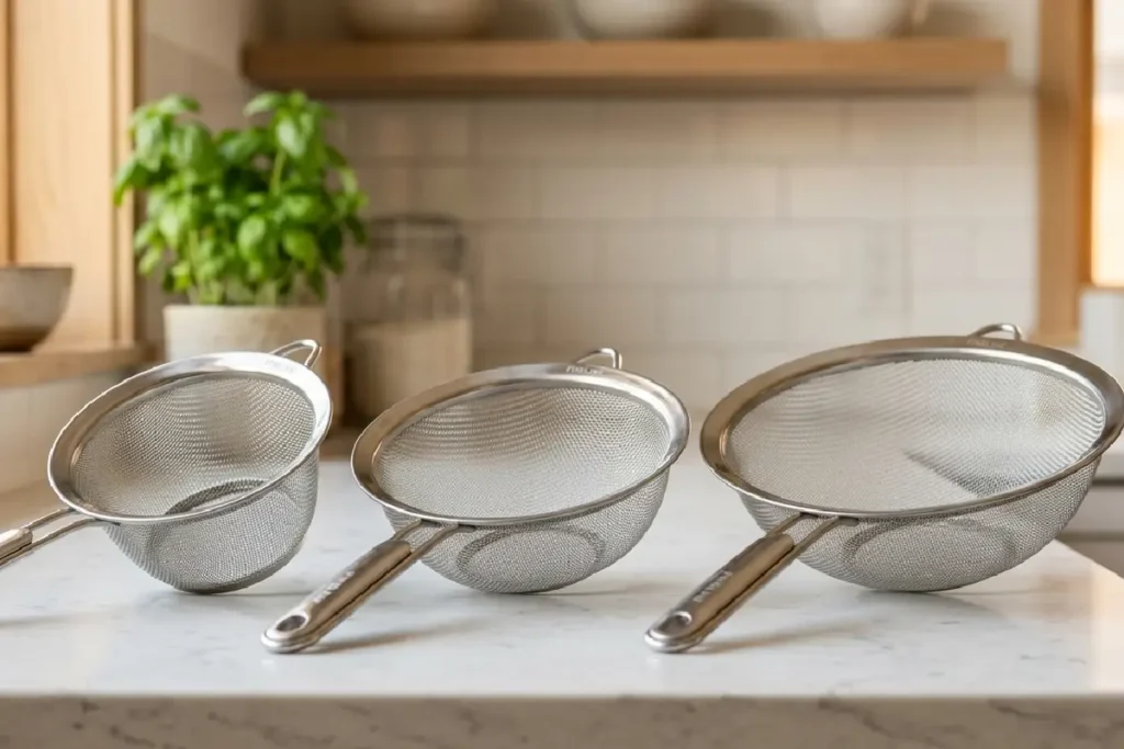 Jogo de peneiras de aço inox em diferentes tamanhos sobre bancada de cozinha moderna