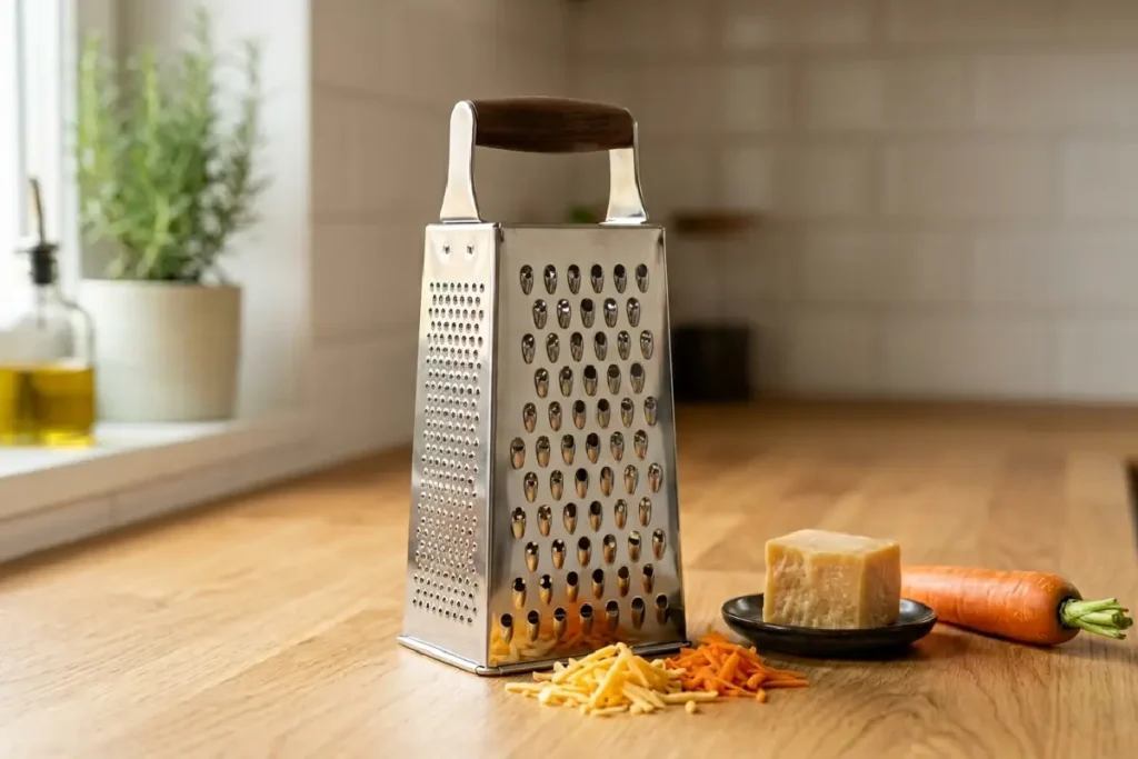 Ralador de queijo e legumes de aço inox com múltiplas faces sobre bancada de cozinha moderna
