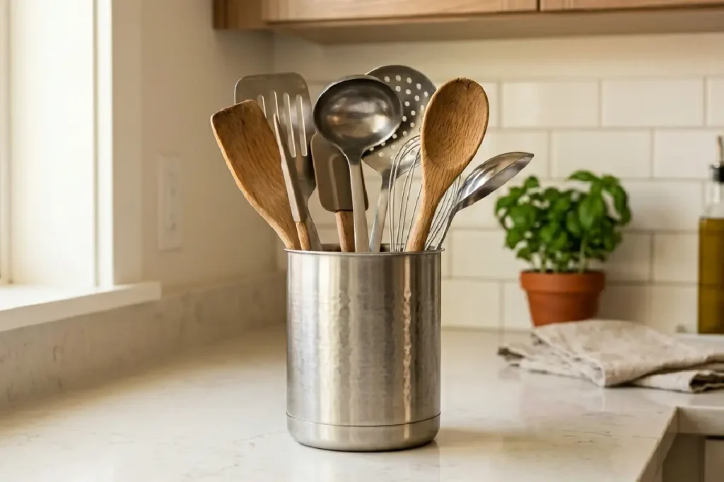 Porta-utensílios de aço inox com espátulas e colheres sobre bancada de cozinha moderna