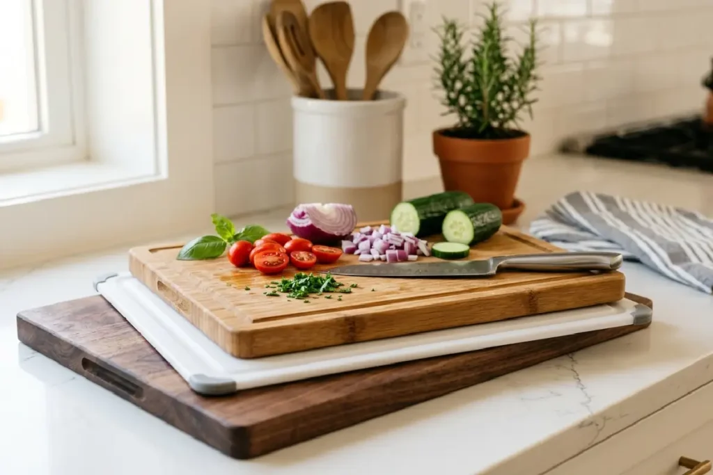 Tábuas de corte de diferentes materiais sobre bancada de cozinha moderna
