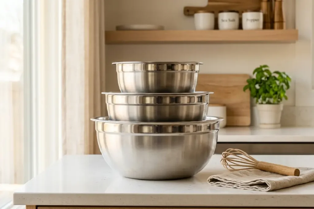 Jogo de tigelas de inox em diferentes tamanhos sobre bancada de cozinha moderna