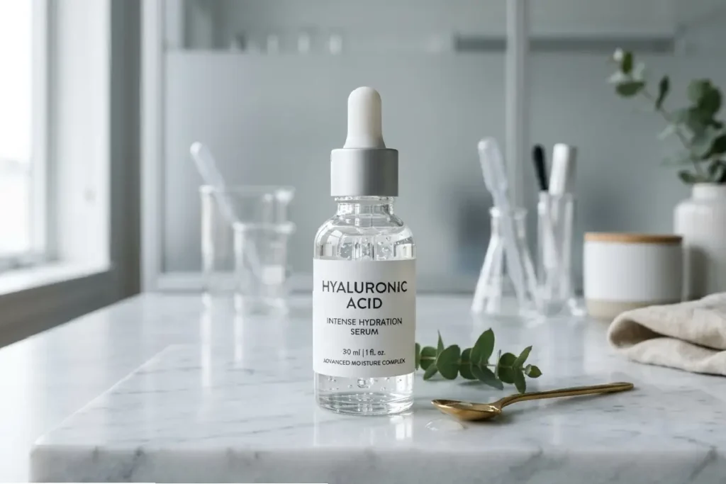 Sérum de ácido hialurônico em ambiente de skincare moderno e elegante