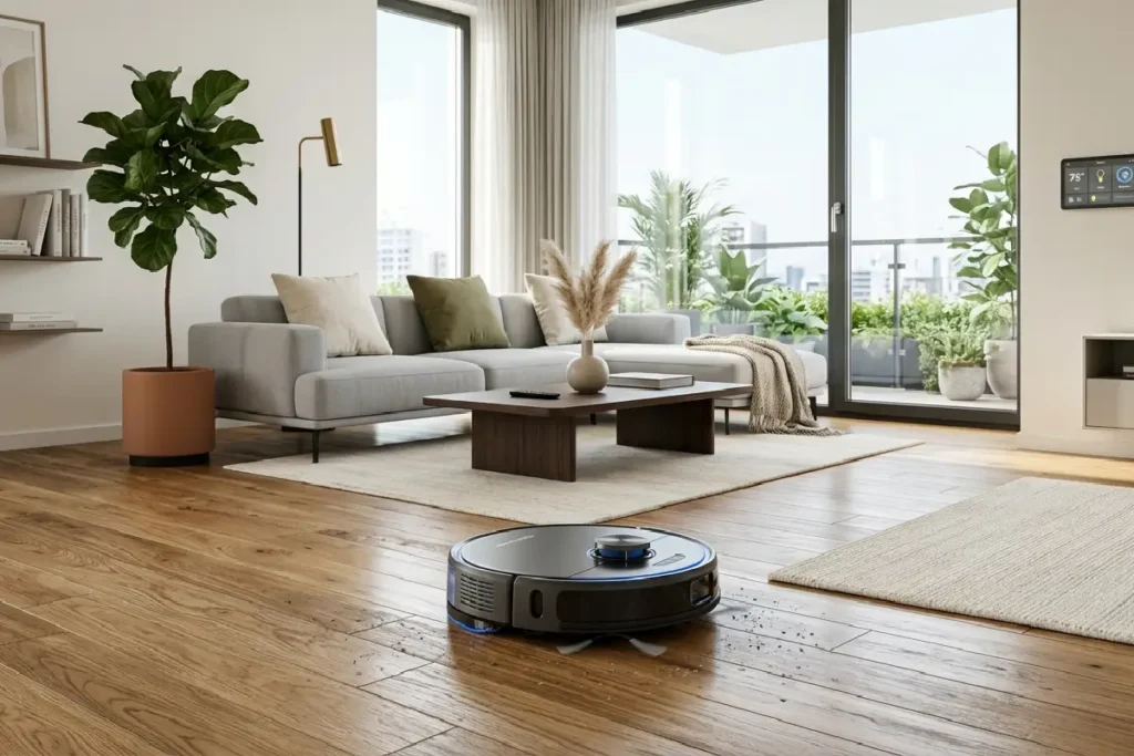 Aspirador robô limpando uma sala moderna com piso de madeira.