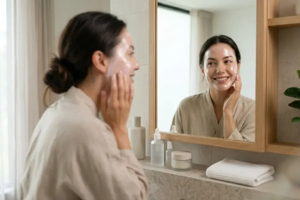 Mulher realizando rotina de skincare com destaque para a barreira cutânea saudável e pele hidratada.