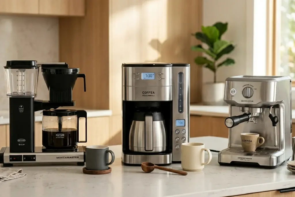 Cafeteiras elétricas de diferentes tipos e marcas sobre bancada de cozinha moderna em 2026