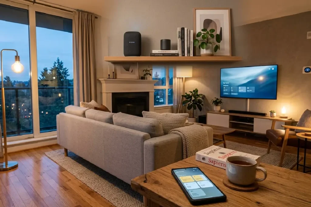 Casa inteligente com assistente de voz e iluminação automatizada em ambiente moderno em 2026