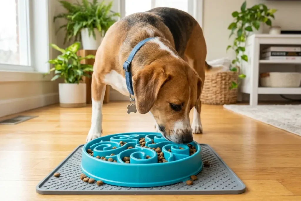 Cachorro se alimentando em comedouro lento com design de labirinto