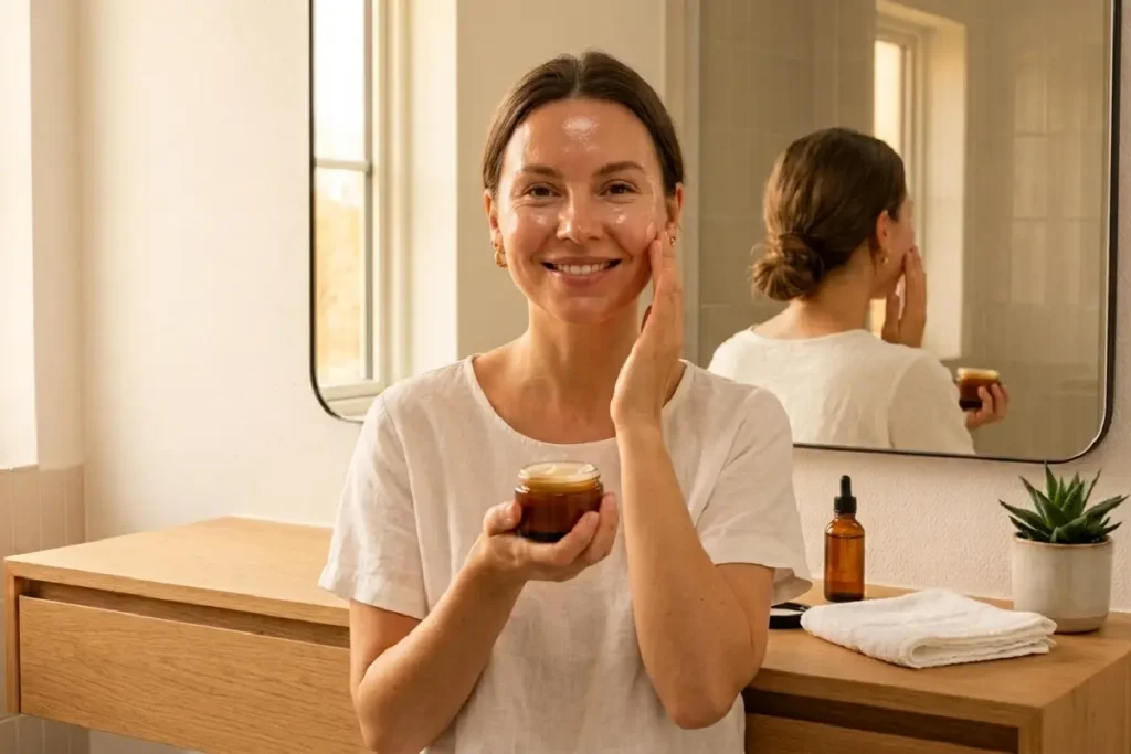 Mulher aplicando hidratante facial durante uma rotina de skincare em um banheiro moderno e iluminado.