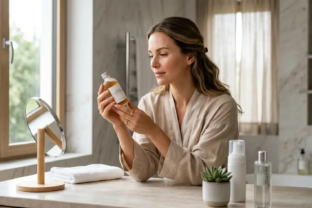 Mulher escolhendo um sabonete facial durante sua rotina de skincare em um banheiro moderno e iluminado.