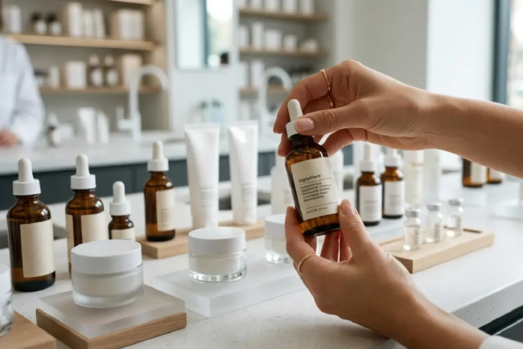 Pessoa analisando os ingredientes presentes no rótulo de um produto de skincare