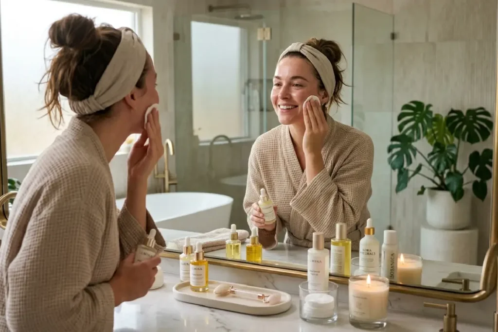 Rotina de skincare simples com mulher aplicando produtos faciais
