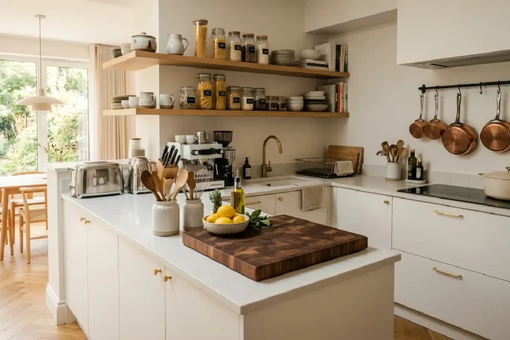 Cozinha funcional completa e organizada com utensílios essenciais em 2026
