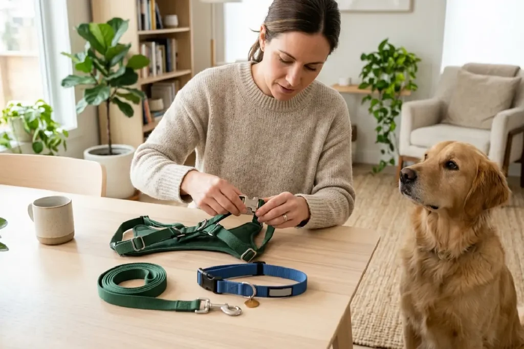 Tutor revisando os acessórios do cachorro antes do passeio
