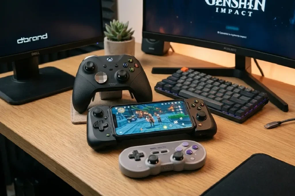 Controles para celular e PC em diferentes estilos sobre mesa de setup gamer em 2026