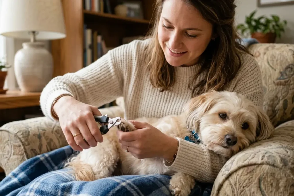 Tutor cortando unha de cachorro pequeno com alicate cortador