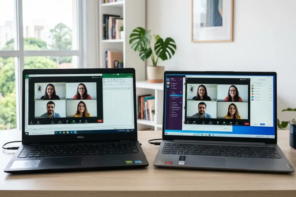Dell Inspiron 15 vs Lenovo Ideapad 5 comparação trabalho 2026, notebooks lado a lado em mesa escritório moderno, foco em decisão de compra custo-benefício