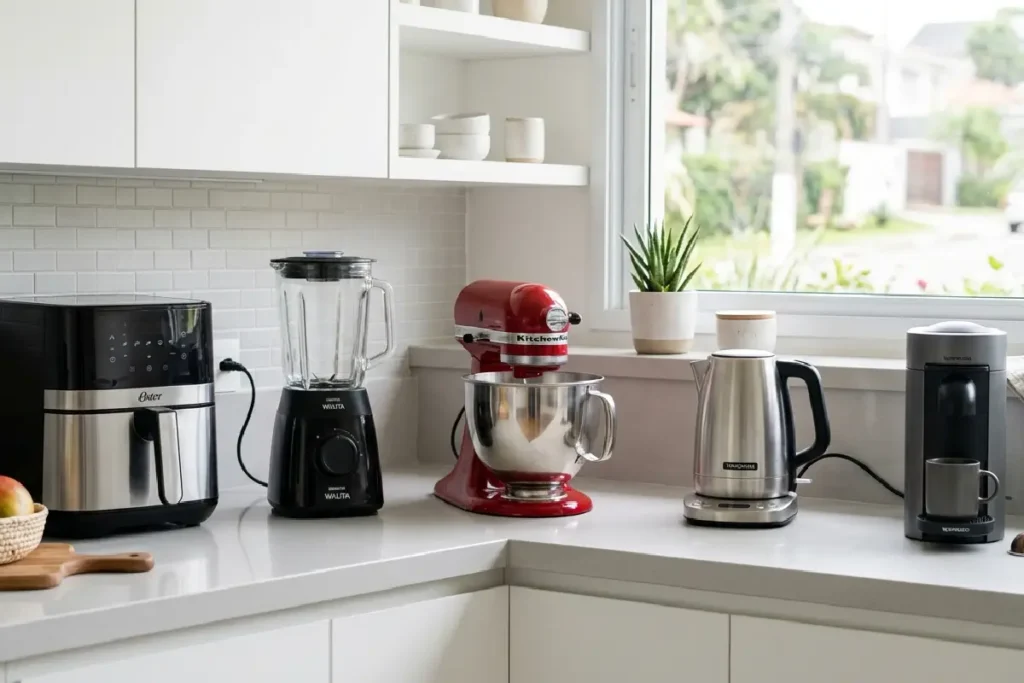 Eletroportáteis organizados em bancada de cozinha moderna em 2026
