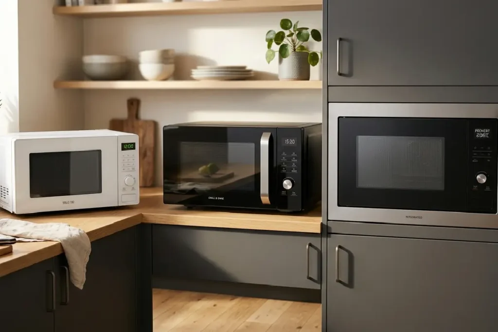 Micro-ondas de diferentes capacidades e tipos sobre bancada de cozinha moderna em 2026