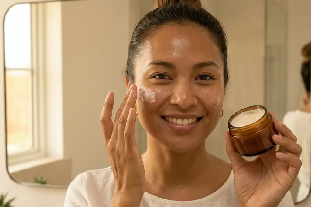 Mulher realizando esfoliação facial de forma delicada durante sua rotina de skincare em um banheiro moderno.