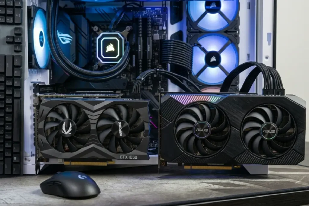 GTX 1650 vs RTX 3050 comparação cartões vídeo PC gamer, placas NVIDIA GTX 1650 e RTX 3050 lado a lado em setup gaming com RGB, foco em performance benchmarks 2026, 1080p, DLSS