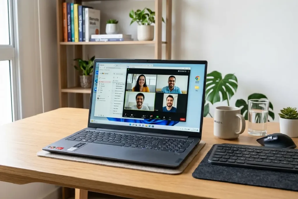 Guia completo como escolher notebook para trabalho remoto em 2026, setup escritório moderno com notebook Lenovo Ideapad 5 Dell Samsung, foco em produtividade home office