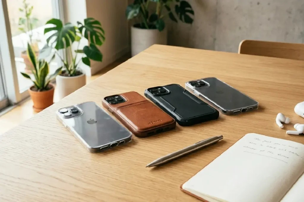 Capinhas para celular em diferentes materiais e estilos sobre superfície moderna em 2026