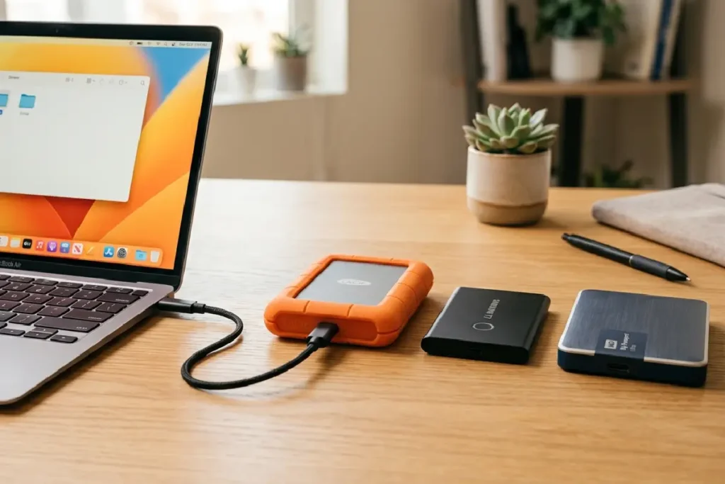 HD externo e SSD portátil de diferentes marcas sobre superfície moderna em 2026