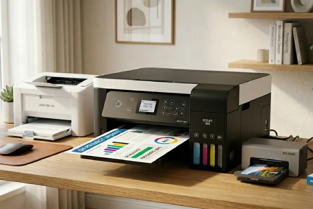 Impressora multifuncional com tanque de tinta sobre mesa de home office em 2026