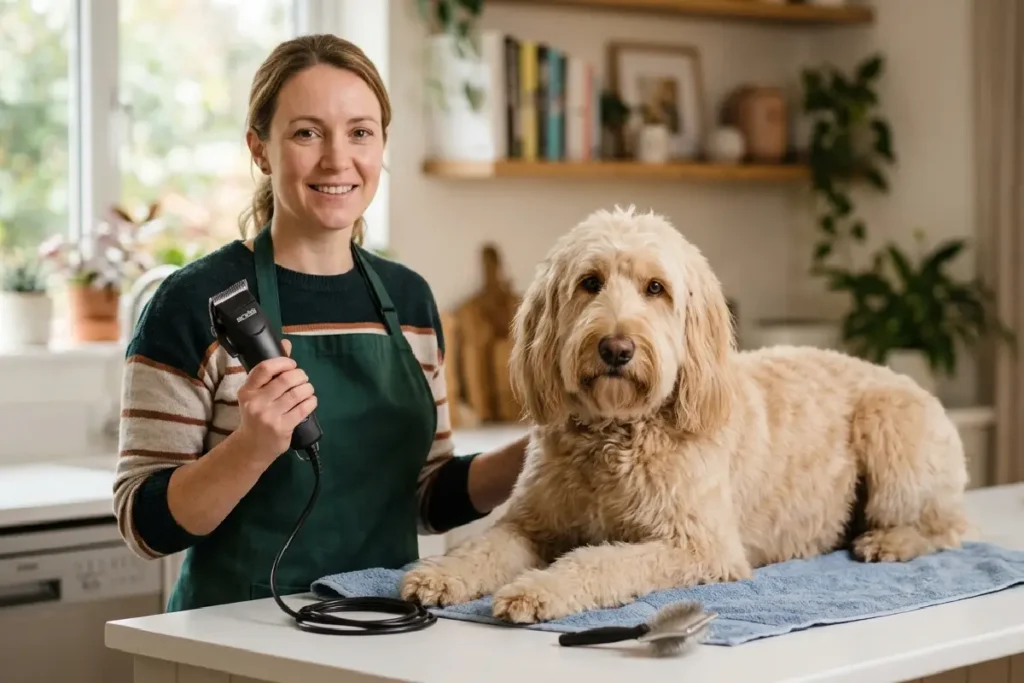 Tutor usando máquina de tosa para cachorro de pelo longo em bancada doméstica