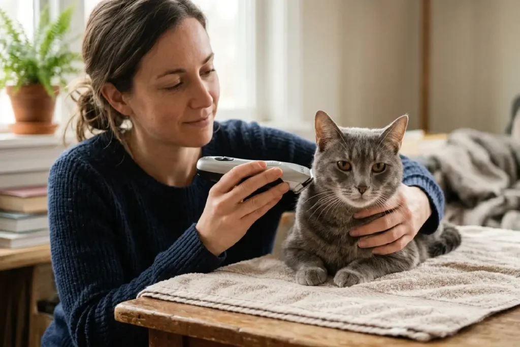 Tutor usando máquina de tosa silenciosa em gato cinza calmo sobre toalha