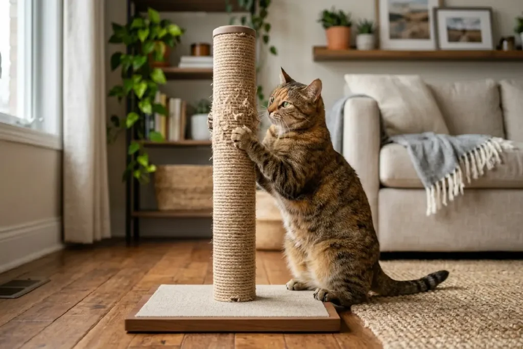 Gato usando arranhador pet em ambiente doméstico
