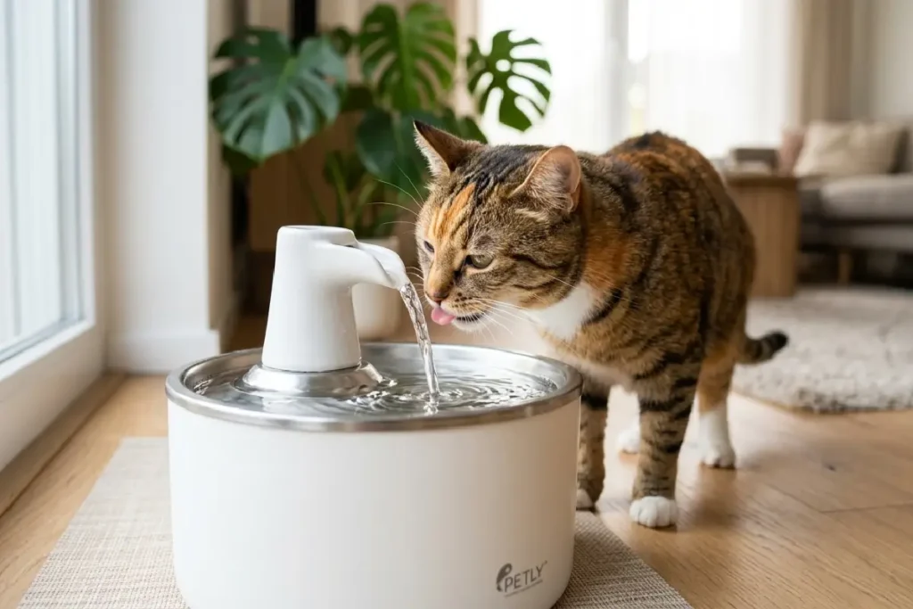 Pet bebendo água em bebedouro adequado em ambiente doméstico