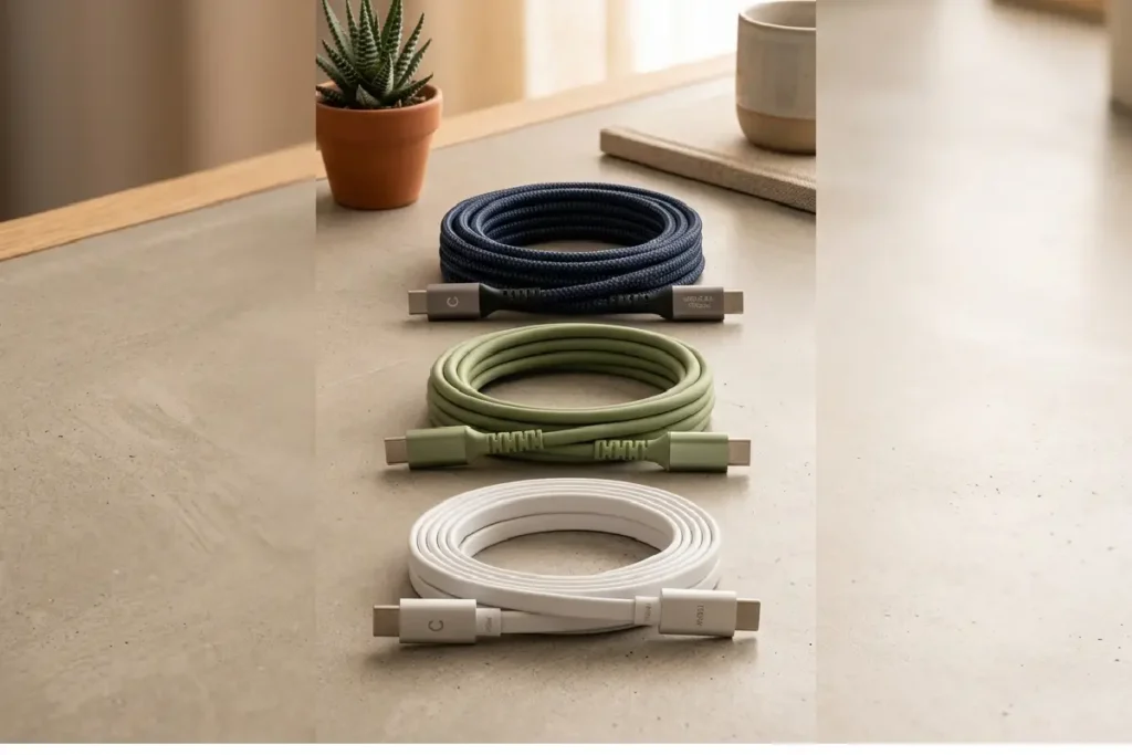 Cabos USB-C em nylon trançado e silicone de diferentes marcas sobre superfície moderna em 2026