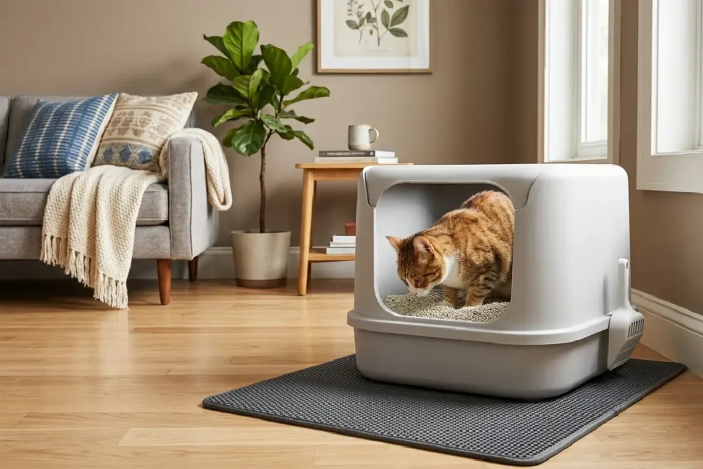 Gato usando caixa de areia em ambiente doméstico organizado