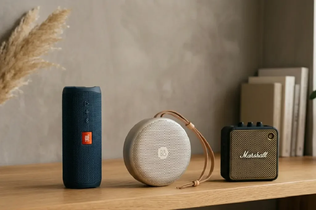 Caixas de som bluetooth de diferentes tamanhos e marcas sobre superfície moderna em 2026