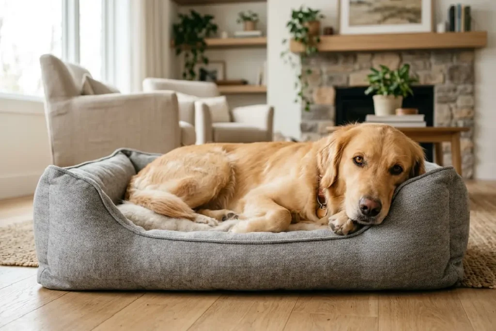 Cachorro deitado em cama pet confortável em ambiente doméstico