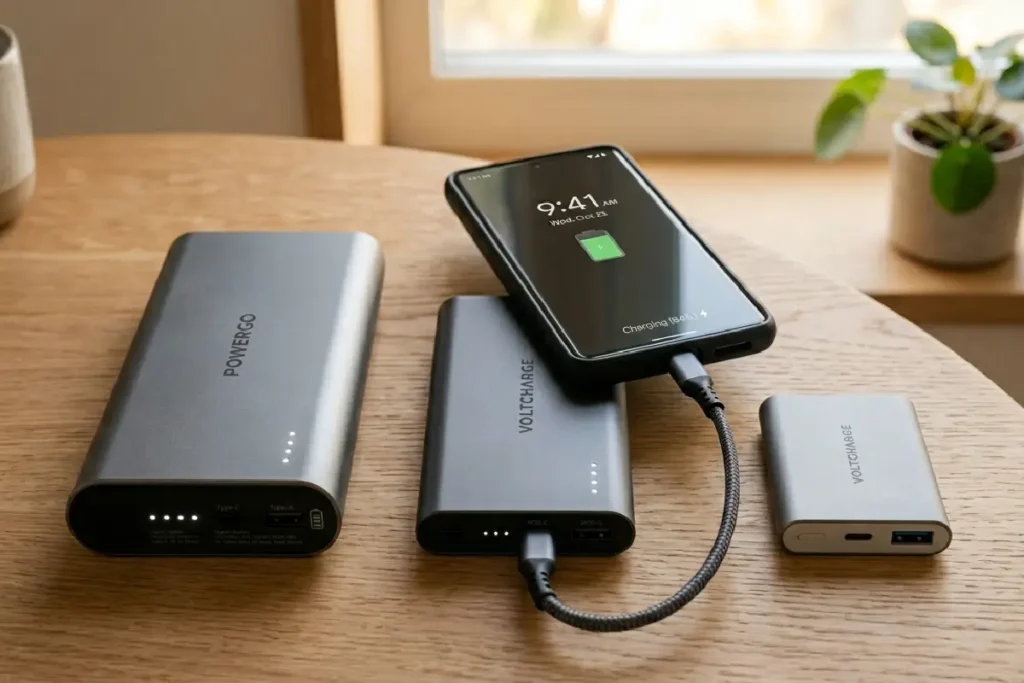 Carregadores portáteis powerbank de diferentes capacidades sobre superfície moderna em 2026
