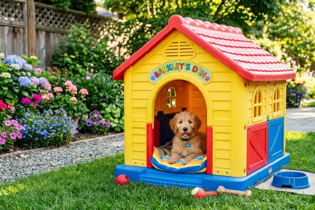 Cachorro em casinha pet confortável em ambiente externo