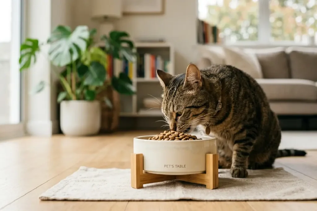 Gato usando comedouro pet em ambiente doméstico
